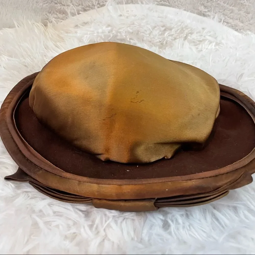 Vintage 1940s Bronze Satin Dish Hat with Golden Cloisonné Hat Pin - Picture 8 of 12